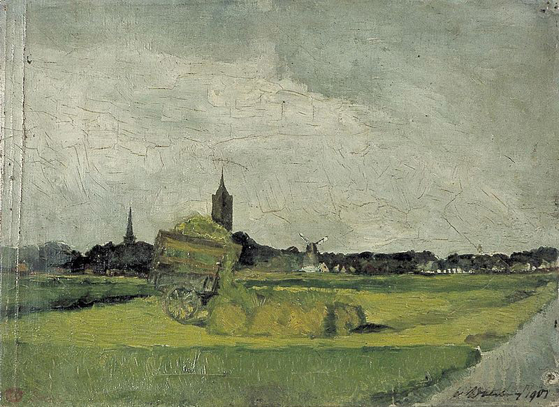 Landschap met hooikar, kerktorens en molen.